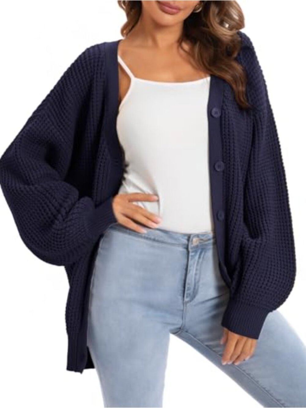 100% Cotton Oversized Button-Down Cardigan for Women - V-Neck Long Sleeve